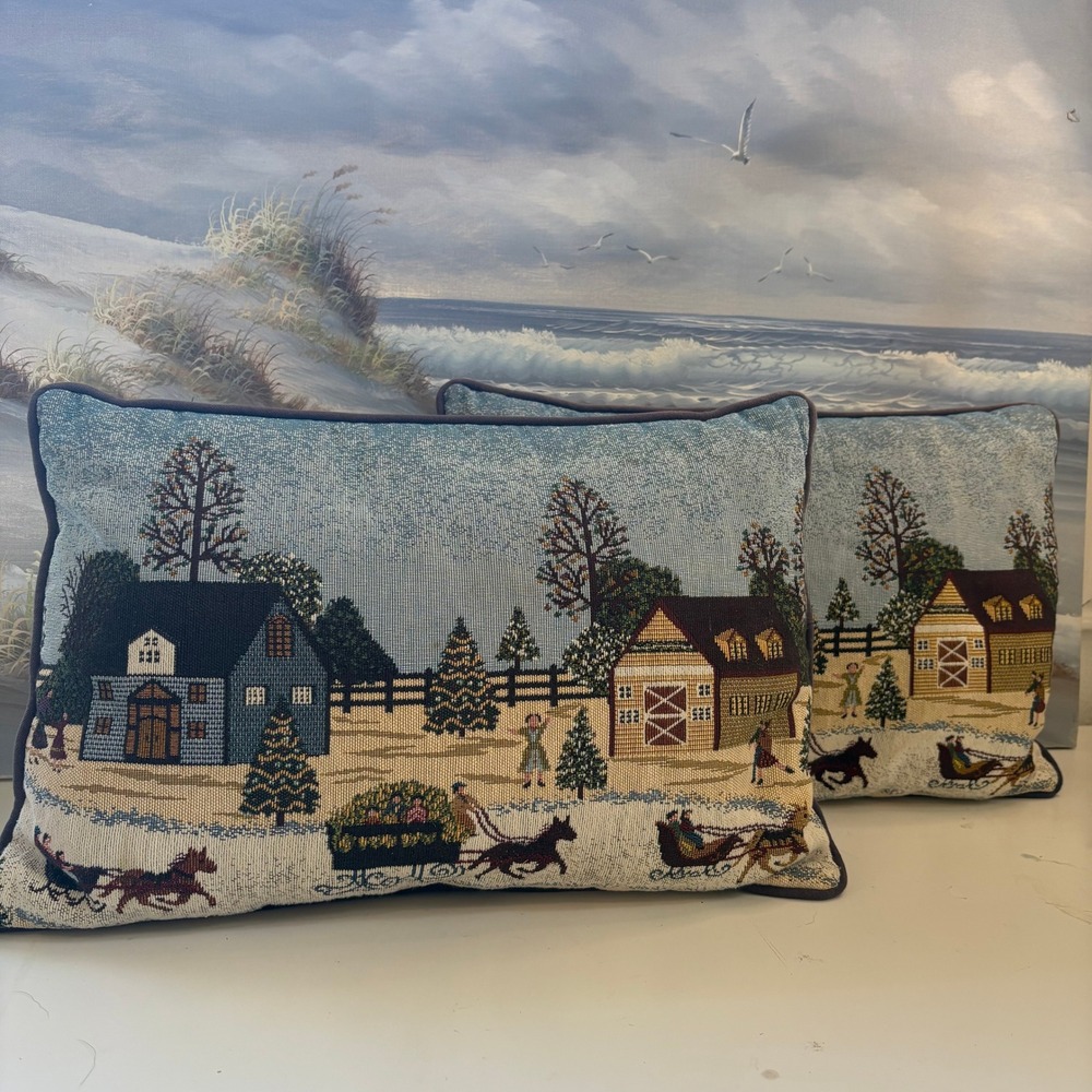 Set of 2 Vintage Winter Village Tapestry Throw Pillows Christmas Sleigh Scene